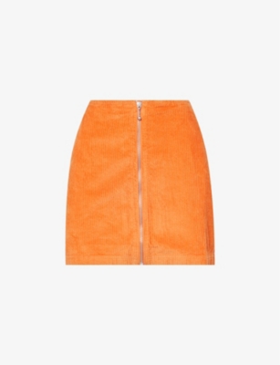Obey Womens Red Orange Greta Corduroy-texture Regular-fit Cotton Mini Skirt