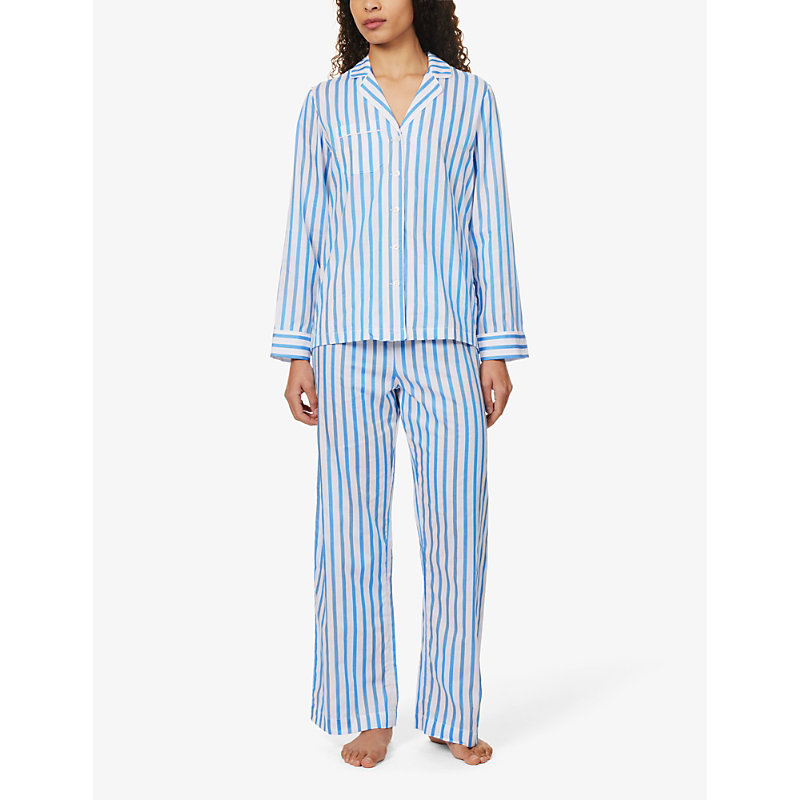 Shop Derek Rose Women's Blue Capri Striped Cotton Pyjama Set