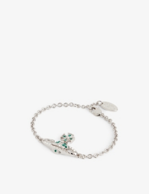 Vivienne Westwood Jewellery Mini Bas Relief Rhodium Plated Brass And Swarovski Crystal Bracelet In Rhodium / Emerald Cz