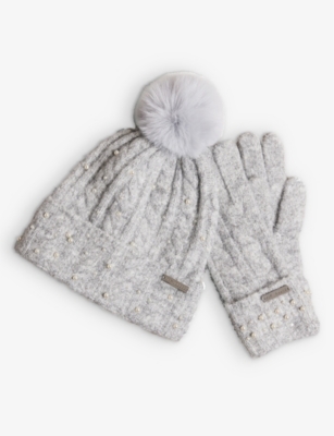 Ted Baker Womens Grey Kerriie Bobble-texture Knitted Hat And Glove Set