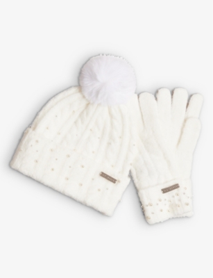 Ted Baker Womens Natural Kerriie Bobble-texture Knitted Hat And Glove Set