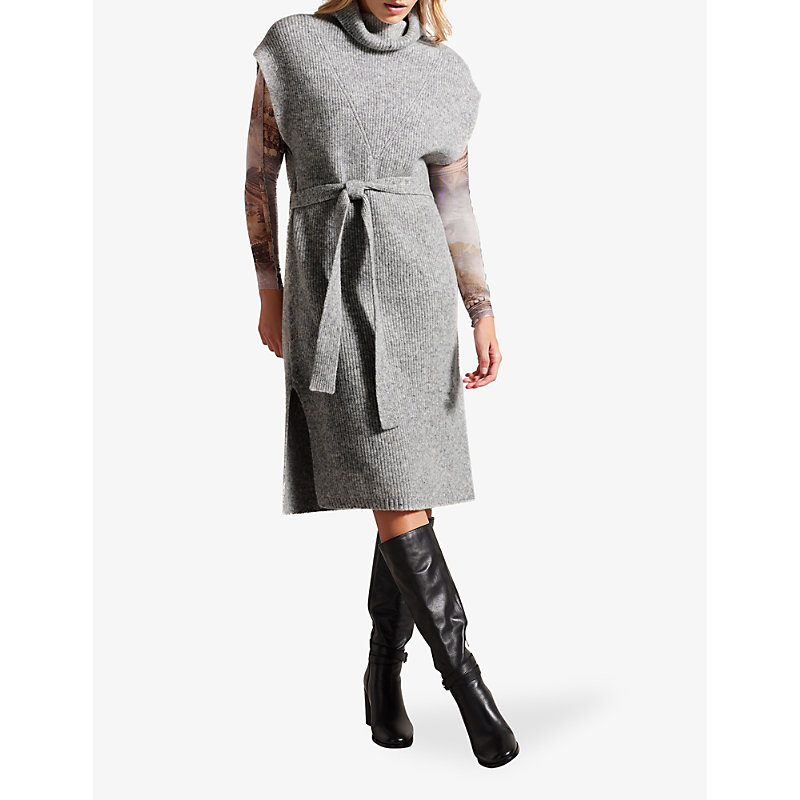 Shop Ted Baker Women's Grey Ribbed Knitted Wool-blend Midi Dress