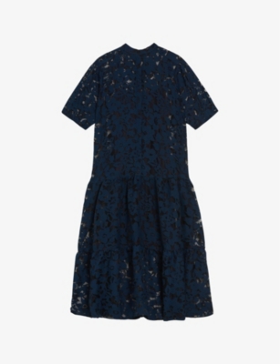 Ted Baker Womens Dk-blue Claarey Floral-motif Tiered Woven Midi Dress
