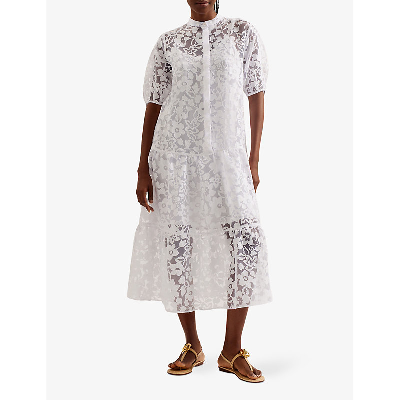 Shop Ted Baker Claarey Floral-motif Tiered Woven Midi Dress In White