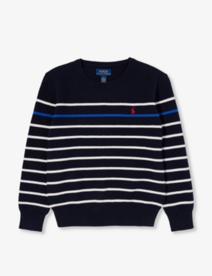 Polo Ralph Lauren Boys Navy Kids Striped-print Brand-embroidered Cotton Jumper 6 Months - 7 Years