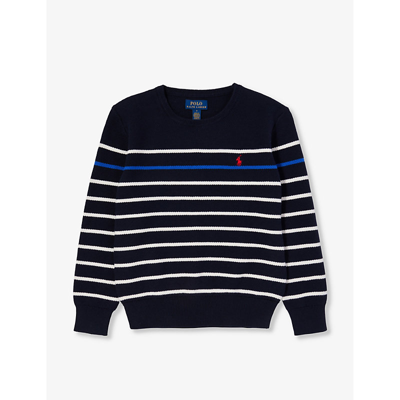 Polo Ralph Lauren Boys Navy Kids Striped-print Brand-embroidered Cotton Jumper 6 Months - 7 Years