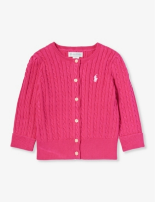 Polo Ralph Lauren Girls Pink Kids Brand-embroidered Cable-knit Cotton Cardigan 3-24 Months