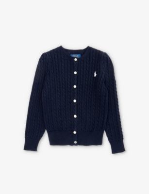 Shop Polo Ralph Lauren Girls Hunter Nvy Kids Girls' Brand-embroidered Cable-knitted Cotton Cardigan