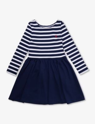Shop Polo Ralph Lauren Girls Blue Kids Girls' Stripe-print Stretch-woven Blend Dress