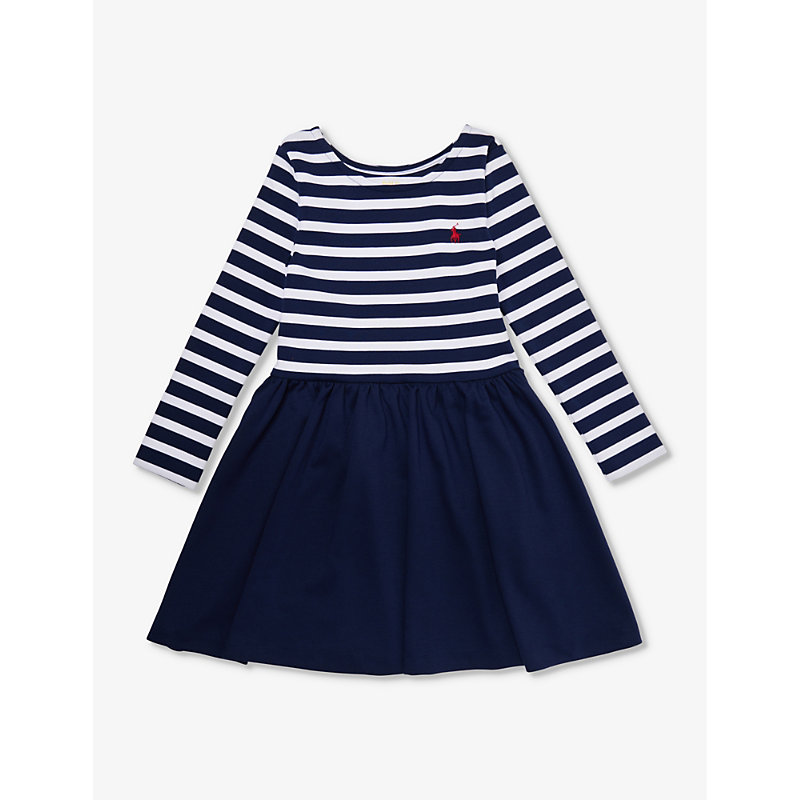 Shop Polo Ralph Lauren Girls Blue Kids Girls' Stripe-print Stretch-woven Blend Dress
