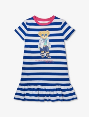 Shop Polo Ralph Lauren Girls Blue Kids Girls' Polo Bear-print Stripe Cotton-jersey Dress
