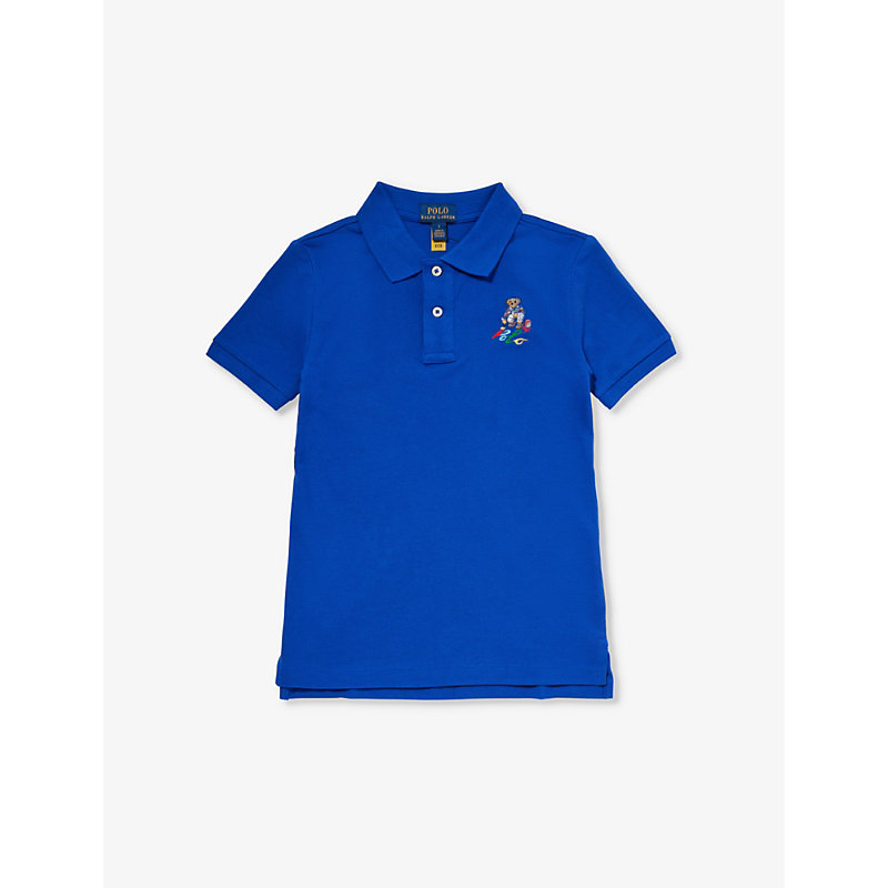 Polo Ralph Lauren Boys Sapphire Kids Boys' Polo Bear-embroidered Cotton Polo Shirt In Multi-coloured