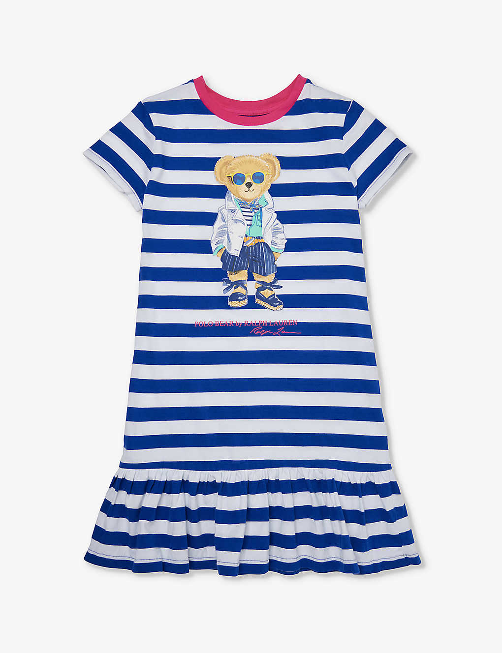 Polo Ralph Lauren Girls Blue Kids Bear Text-print Stripe Cotton-jersey Dress 7-9 Years