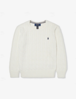 Polo Ralph Lauren Boys White Kids Brand-embroidered Cable-knit Knitted Jumper 7-14 Years In White