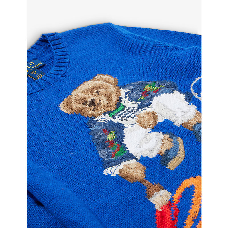 Shop Polo Ralph Lauren Boys Blue Kids Boys' Polo Bear-intarsia Cotton-knitted Jumper