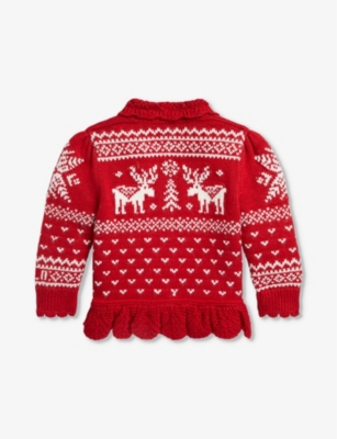 Shop Polo Ralph Lauren Girls Park Ave Red Multi Kids Girls Reindeer-intarsia Cotton And Wool Knitted Card