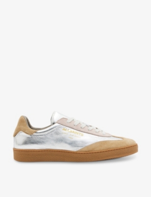 Shop Allsaints Women's Silver/rose Pi Thelma Logo-embossed Low-top Leather Trainers