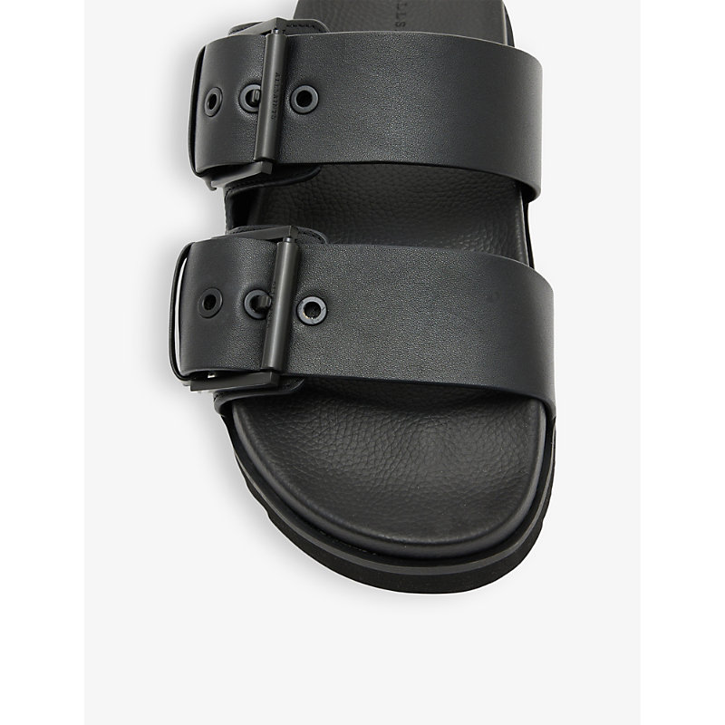 Shop Allsaints Sian Logo-embossed Leather Flat Sandals In Black