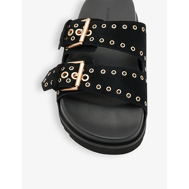 Shop Allsaints Women's Black Khai Eyelet-embellished Flat Suede Sandals