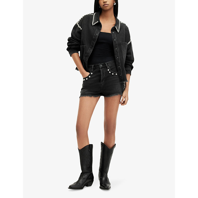 Shop Allsaints Heidie Stud-embellished High-rise Denim Shorts In Washed Black