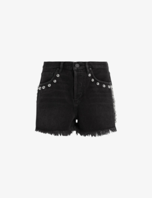 Shop Allsaints Women's Washed Black Heidie Stud-embellished High-rise Denim Shorts