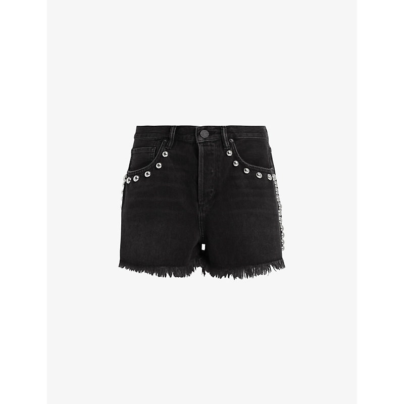 Shop Allsaints Women's Washed Black Heidie Stud-embellished High-rise Denim Shorts