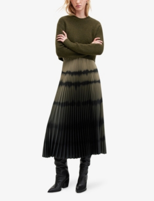 Allsaints Curtis Knitted Jumper And Ombre Recycled-polyester Midi Dress In Khaki Green