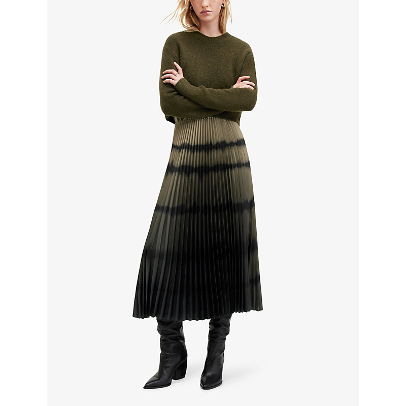 Shop Allsaints Women's Khaki Green Curtis Knitted Jumper And Ombre Recycled-polyester Midi Dress