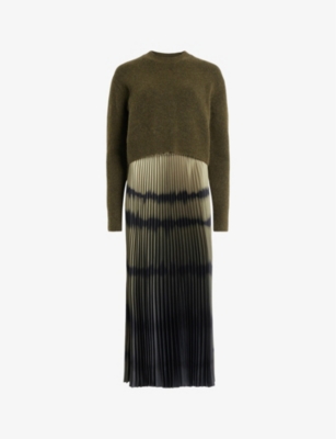 Allsaints Curtis Knitted Jumper And Ombre Recycled-polyester Midi Dress In Khaki Green