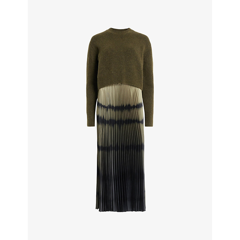 Shop Allsaints Curtis Knitted Jumper And Ombre Recycled-polyester Midi Dress In Khaki Green