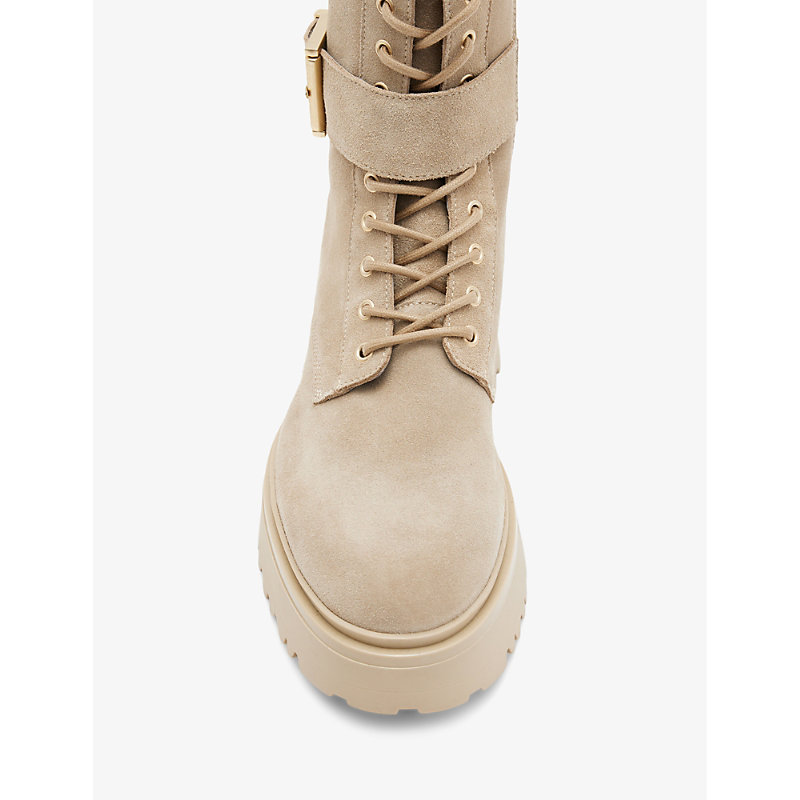 Shop Allsaints Onyx Buckle-embellished Suede Ankle Boots In Sand Brown