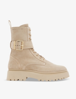 Allsaints Onyx Suede Buckle Boots In Sand Brown