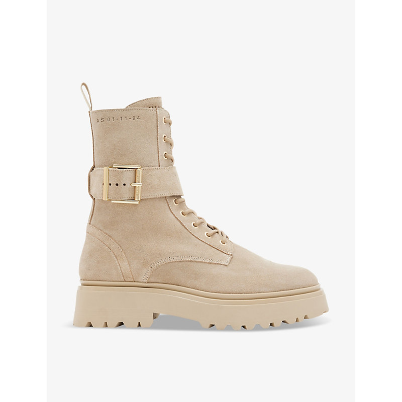 Allsaints Onyx Suede Buckle Boots In Sand Brown