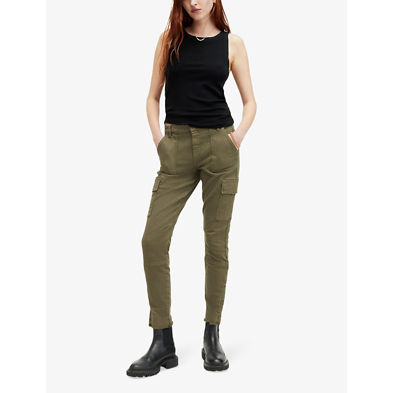 Shop Allsaints Women's Khaki Green Duran Mid-rise Skinny Stretch-cargo Jeans