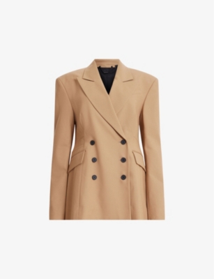 Shop Allsaints Women's Camel Brown Sevenh Peak-lapel Double-breasted Woven Blazer