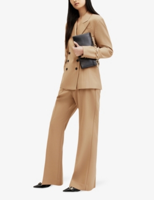Allsaints Womens Camel Brown Sevenh Pintuck-seam Flared-leg High-rise Woven Trousers In Camel Brown