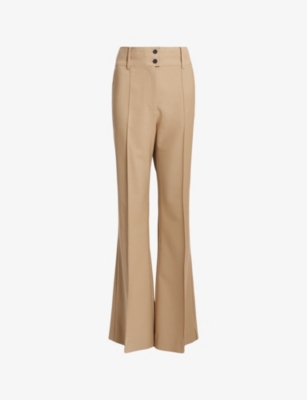 Allsaints Womens Camel Brown Sevenh Pintuck-seam Flared-leg High-rise Woven Trousers In Camel Brown