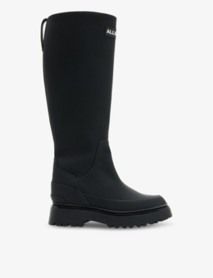 Allsaints Womens Black Octavia Logo-print Rubber Knee-high Boots