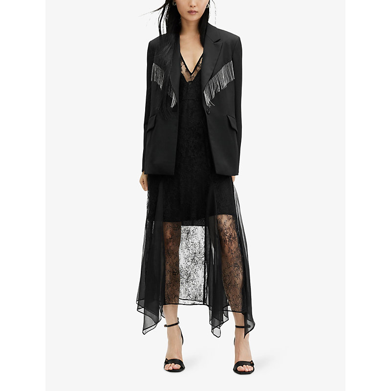 Shop Allsaints Women's Black Franky Chain-embellished Relaxed-fit Stretch Recycled-polyester Blazer