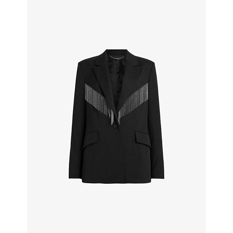 Shop Allsaints Franky Chain-embellished Relaxed-fit Stretch Recycled-polyester Blazer In Black