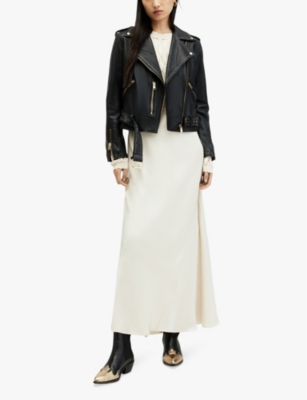 Allsaints Womens Black Balfern Stud-embellished Belted-hem Leather Jacket In Black