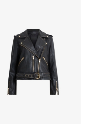Allsaints Womens Black Balfern Stud-embellished Belted-hem Leather Jacket In Black