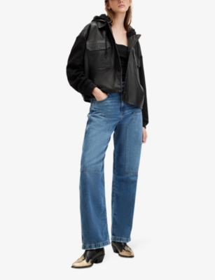 Shop Allsaints Womens Black Morten Lea Relaxed-fit Hooded Leather Trucker Jacket