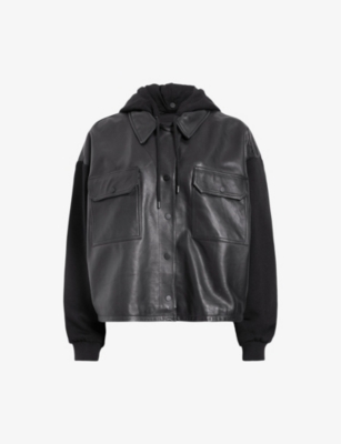 Shop Allsaints Women's Black Morten Lea Relaxed-fit Hooded Leather Trucker Jacket