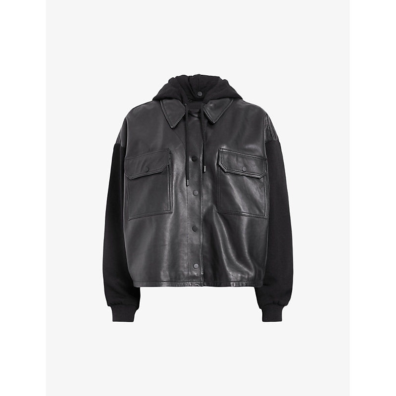 Shop Allsaints Womens Black Morten Lea Relaxed-fit Hooded Leather Trucker Jacket