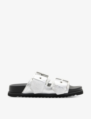 ALLSAINTS: Sian logo-embossed metallic leather flat sandals