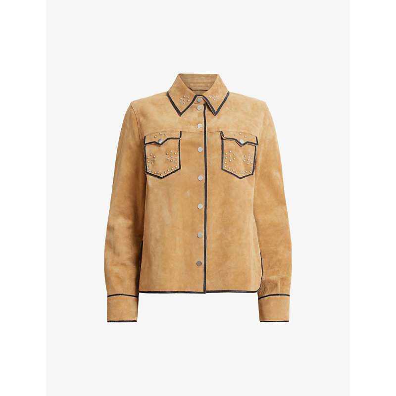 Shop Allsaints Womens Tan Brown Karlson Lea Stud-embellished Relaxed-fit Suede Shirt