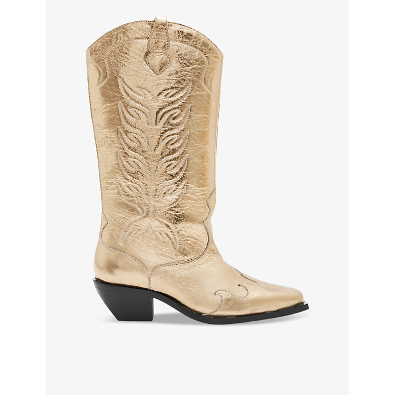 Shop Allsaints Women's Metallic Gold Dolly Western-embroidered Leather Ankle Boots
