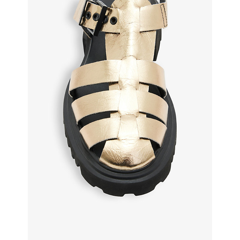 Shop Allsaints Nessa Chunky-sole Metallic Leather Flat Sandals In Metallic Gold