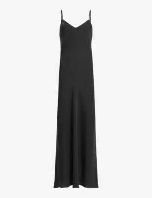Allsaints Womens Black Bryony V-neck Bias-cut Recycled-polyester Midi Dress
